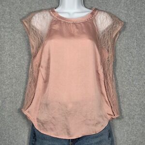 Feather Bone Anthropologie Women XS Satin Lace Trim Cap Sleeve Blouse Pink